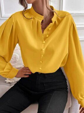 Mustard Yellow Puff Sleeve Button Blouse – Elegant Long Sleeve Top | 2XL